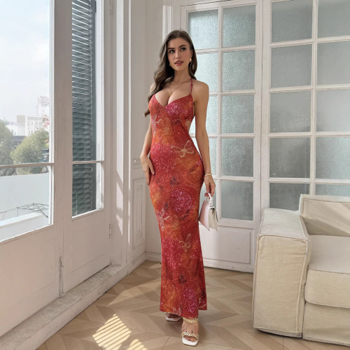ZX24453MHO歐美性感印花度假連衣裙2025夏季新款露胸吊帶女裝