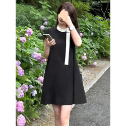黑裙法式小香風黑色短袖連衣裙女新款夏季高級感寬松顯瘦a字裙子