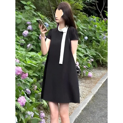 黑裙法式小香風黑色短袖連衣裙女新款夏季高級感寬松顯瘦a字裙子