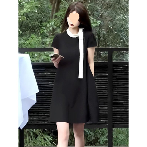 黑裙法式小香風黑色短袖連衣裙女新款夏季高級感寬松顯瘦a字裙子