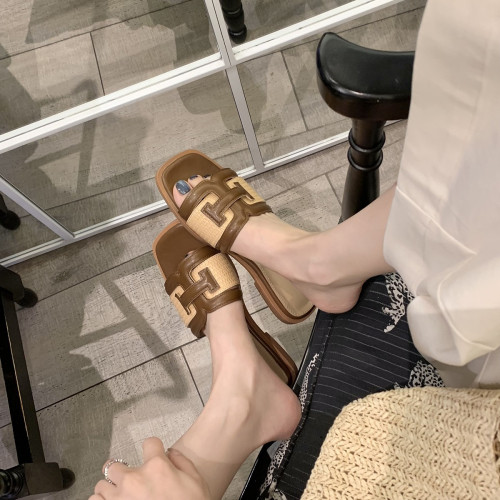 葡萄媽同款~度假風方頭草編拼接百搭撞色涼拖女夏