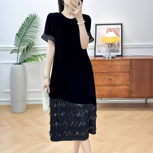 南油依喏 6月上新真絲絲絨高級感拼接花邊氣質長裙M-XXL