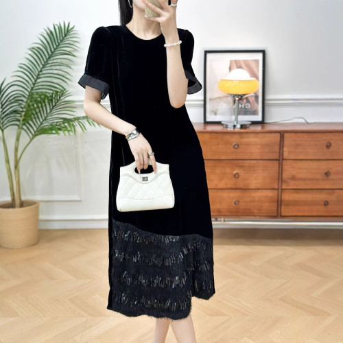 南油依喏 6月上新真絲絲絨高級感拼接花邊氣質長裙M-XXL