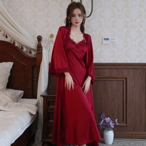 睡衣吊帶睡裙女春秋夏冰絲長袖睡袍加長款浴袍高級感帶胸墊家居服