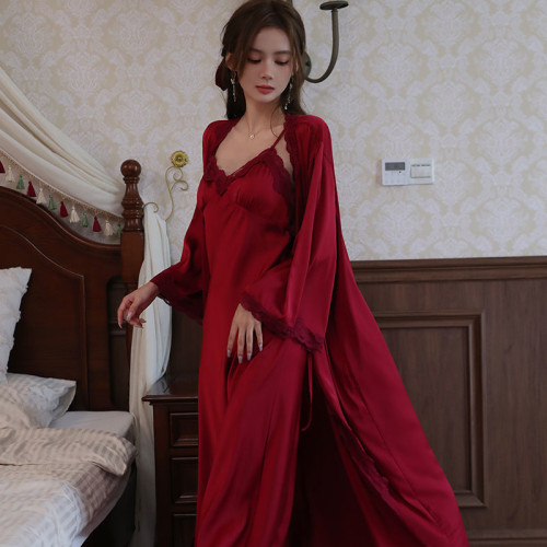 睡衣吊帶睡裙女春秋夏冰絲長袖睡袍加長款浴袍高級感帶胸墊家居服