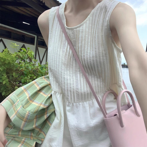 溫柔奶白背心圓領壓褶氣質連衣裙女春季2025新款鏤空寬松顯瘦長裙