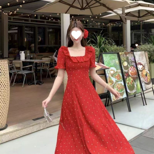 大碼女裝胖妹mm法式顯瘦百搭短袖甜美連衣裙方領碎花紅色度假長裙