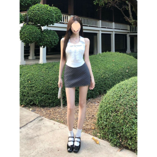 【甜辣小主】精緻小千金辣妹顯瘦上衣+灰色波點半裙兩件套夏季