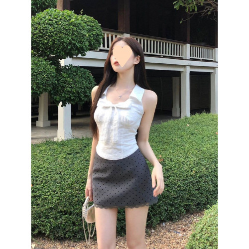 【甜辣小主】精緻小千金辣妹顯瘦上衣+灰色波點半裙兩件套夏季