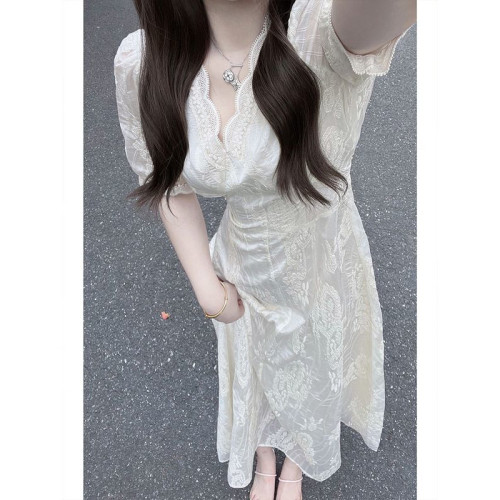 法式氣質蕾絲泡泡袖連衣裙女夏季高級感宮廷風收腰顯瘦茶歇中長裙