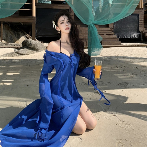 沙灘比基尼泳衣罩衫長款外搭海邊度假長袖薄款性感透視開叉連衣裙
