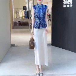 82502新大愛美依緣2025夏季國風新中式無袖印花上衣高腰半身裙女