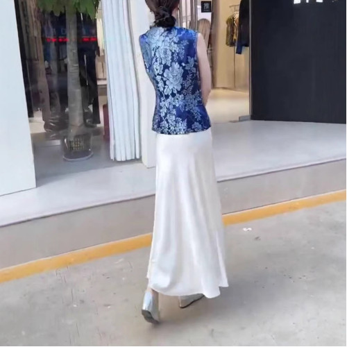 82502新大愛美依緣2025夏季國風新中式無袖印花上衣高腰半身裙女