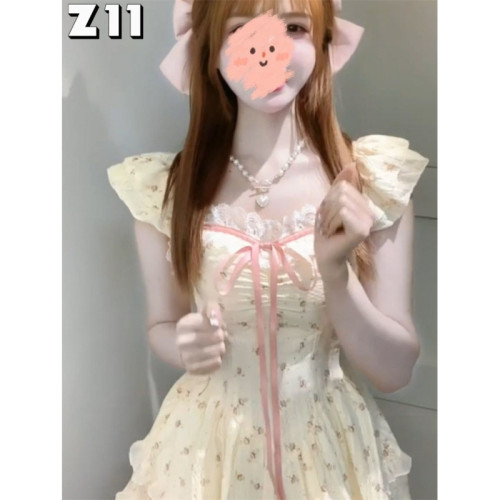 收腰顯瘦法式蝴蝶結綁帶公主蛋糕短裙女春季小飛袖碎花連衣裙