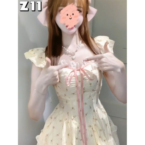 收腰顯瘦法式蝴蝶結綁帶公主蛋糕短裙女春季小飛袖碎花連衣裙