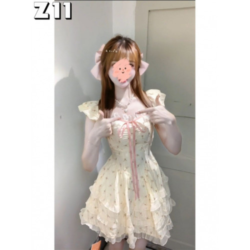 收腰顯瘦法式蝴蝶結綁帶公主蛋糕短裙女春季小飛袖碎花連衣裙