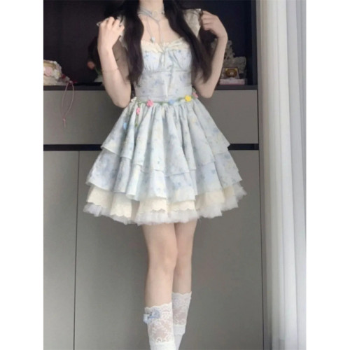 法式甜美小飛袖公主碎花連衣裙夏季新款收腰顯瘦蓬蓬蓬蓬裙短裙