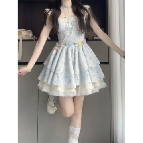法式甜美小飛袖公主碎花連衣裙夏季新款收腰顯瘦蓬蓬蓬蓬裙短裙