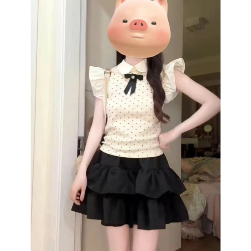 2024夏季甜美愛心波點小飛袖娃娃領上衣蓬蓬裙套裝新森系兩件套