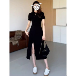 大碼新中式國風連衣裙女2025新款夏季胖mm收腰顯瘦梨型身材小黑裙