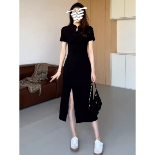 大碼新中式國風連衣裙女2025新款夏季胖mm收腰顯瘦梨型身材小黑裙