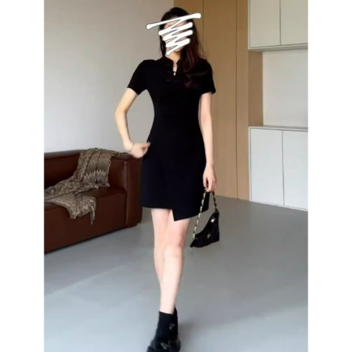 大碼新中式國風連衣裙女2025新款夏季胖mm收腰顯瘦梨型身材小黑裙