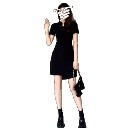大碼新中式國風連衣裙女2025新款夏季胖mm收腰顯瘦梨型身材小黑裙