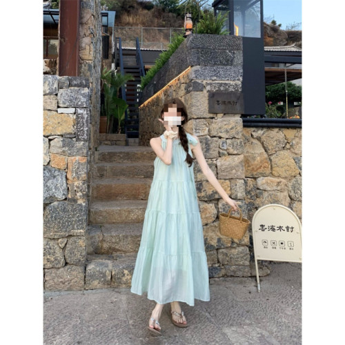 吊帶裙藍色長裙夏季新款海邊度假裙子女薄荷曼波掛脖蝴蝶結連衣裙