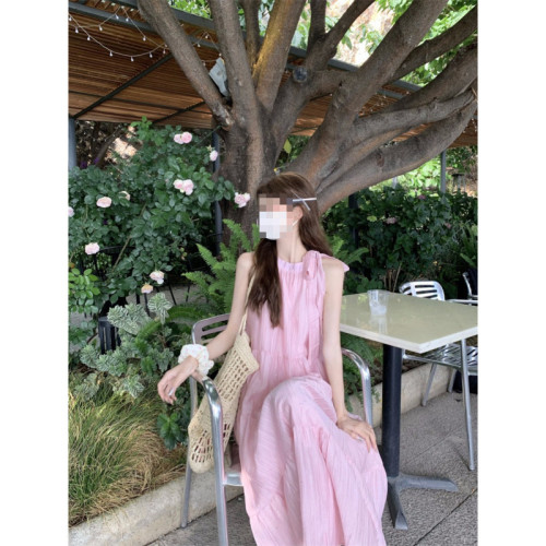 吊帶裙藍色長裙夏季新款海邊度假裙子女薄荷曼波掛脖蝴蝶結連衣裙
