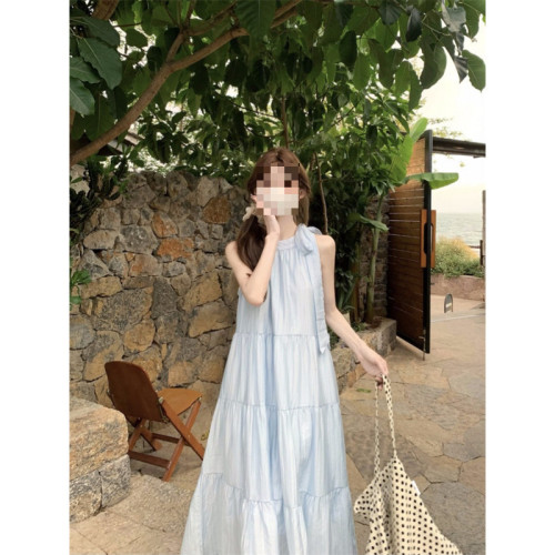 吊帶裙藍色長裙夏季新款海邊度假裙子女薄荷曼波掛脖蝴蝶結連衣裙