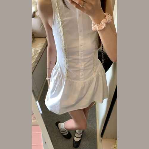 法式氣質無袖背心白色連衣裙子女2025年夏季新款絕美蕾絲收腰短裙
