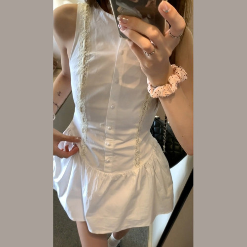 法式氣質無袖背心白色連衣裙子女2025年夏季新款絕美蕾絲收腰短裙