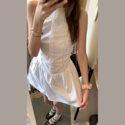 法式氣質無袖背心白色連衣裙子女2025年夏季新款絕美蕾絲收腰短裙