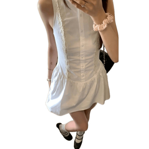 法式氣質無袖背心白色連衣裙子女2025年夏季新款絕美蕾絲收腰短裙