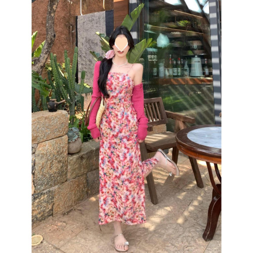 高級感穿搭法式復古套裝2025顯瘦國風印花吊帶碎花收腰氣質連衣裙