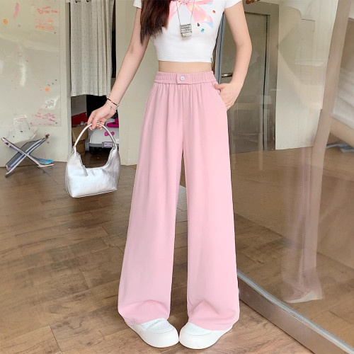夏季冰絲濶腿垂感西裝褲女松緊腰顯瘦高腰休閒直筒褲5588#