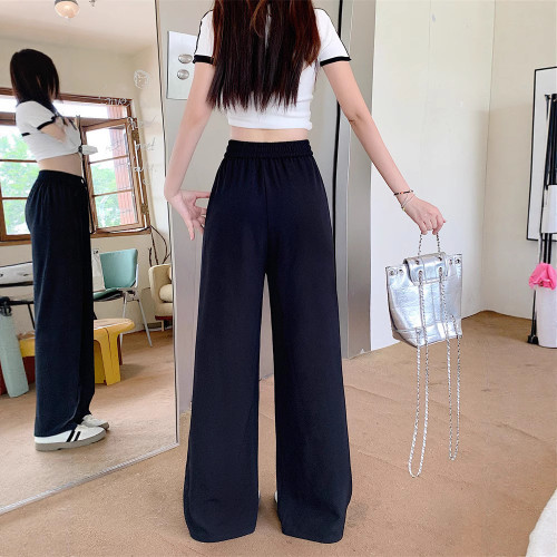 夏季冰絲濶腿垂感西裝褲女松緊腰顯瘦高腰休閒直筒褲5588#