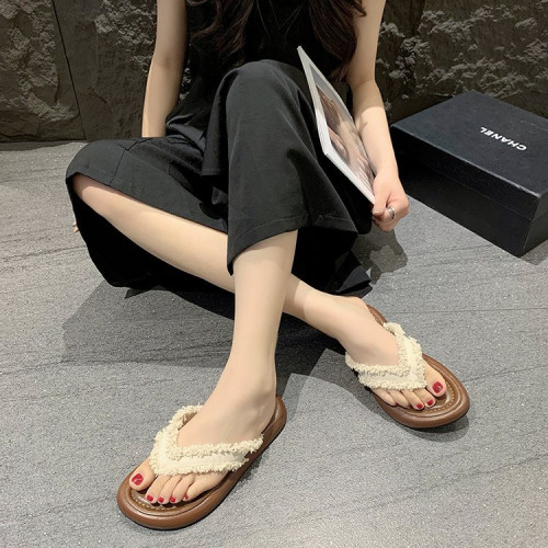 法式復古夾趾女士厚底流蘇拖鞋2025夏外穿人字拖休閒增高沙灘涼拖