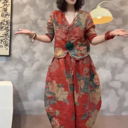 52810新大愛美依緣2025夏季新款民族風復古V領上衣休閒燈籠褲時尚