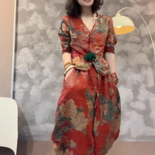 52810新大愛美依緣2025夏季新款民族風復古V領上衣休閒燈籠褲時尚