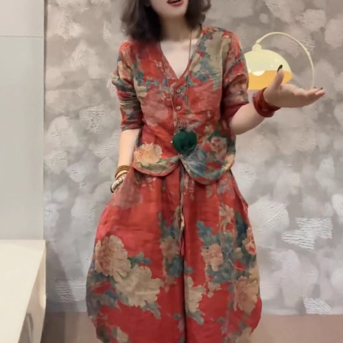 52810新大愛美依緣2025夏季新款民族風復古V領上衣休閒燈籠褲時尚