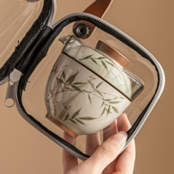 手繪翠綠文竹旅行茶具套裝可攜式一壺兩杯車用戶外露營陶瓷快客杯