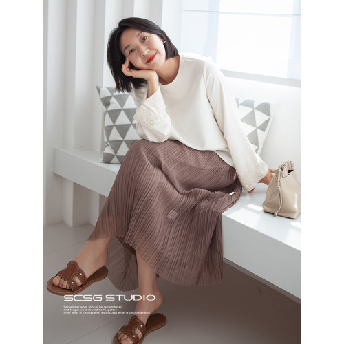 三時光4008*垂感優雅風琴折！百褶裙雙層網紗半身裙女秋中長裙