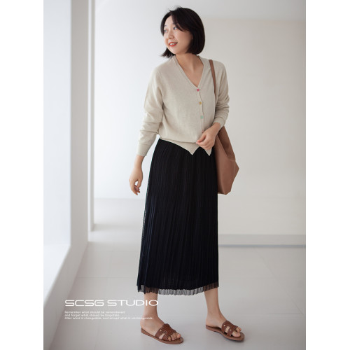 三時光4008*垂感優雅風琴折！百褶裙雙層網紗半身裙女秋中長裙