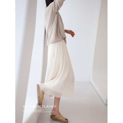 三時光4008*垂感優雅風琴折！百褶裙雙層網紗半身裙女秋中長裙