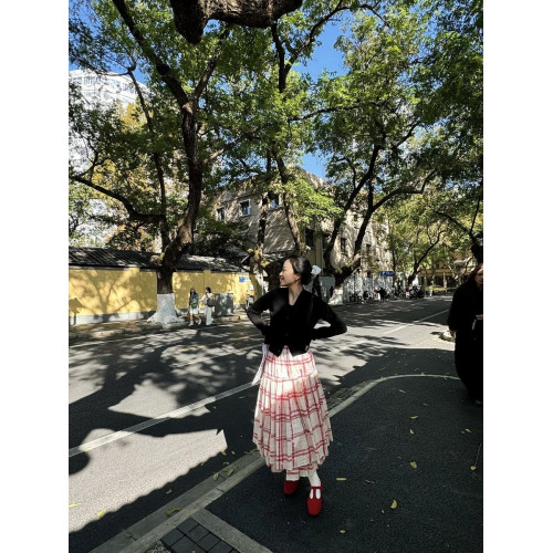 正確版復古紅色格子寬松大擺繖裙高腰a字蛋糕裙春長款半身裙