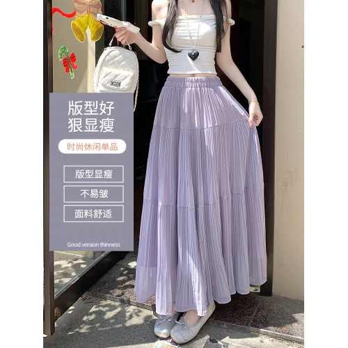 拉夏貝爾雪紡百褶半身裙女夏季薄款2025新款垂墜感a字大擺蛋糕裙