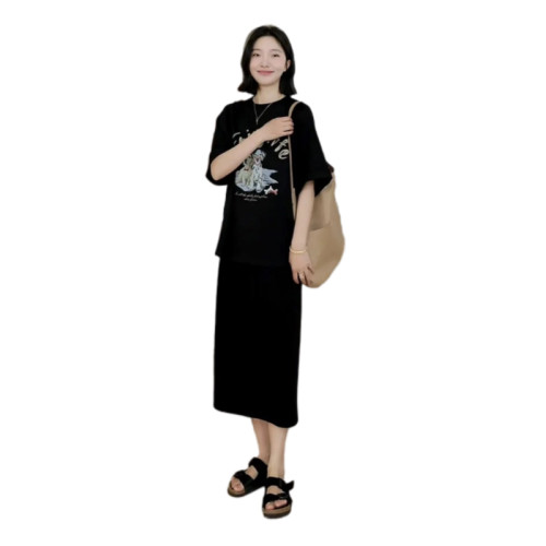 大碼休閒慵懶風顯瘦套裝女夏季新款胖mm時尚印花t恤+半身裙兩件套