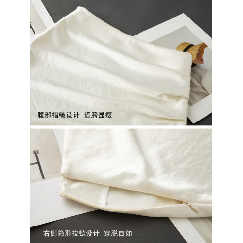 KK家/半身裙女2025夏季新款醋酸緞面褶皺直筒裙側開叉顯瘦一步裙