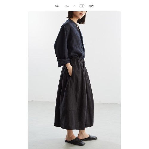 商場4K+~新中式黑色半裙2025春夏新款絲麻亞麻半身裙百搭顯瘦